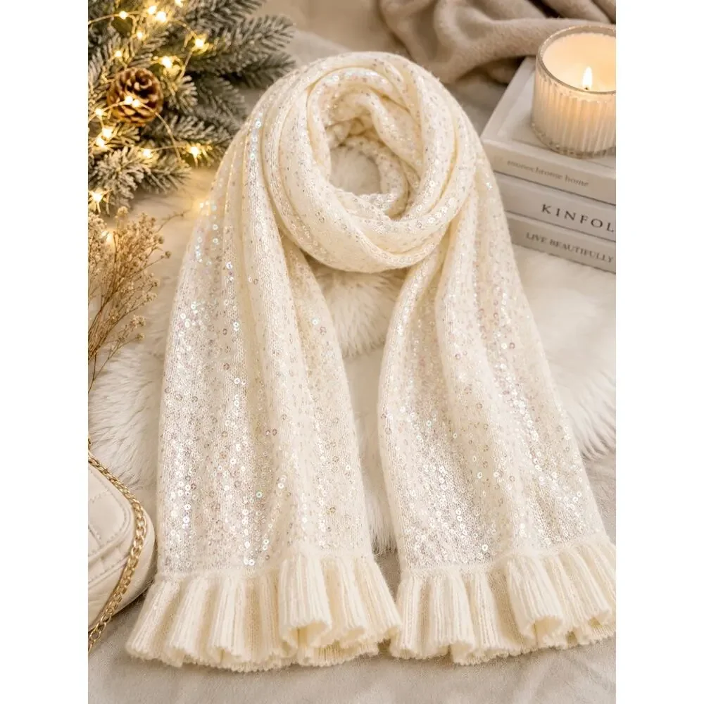 Cream Sequin Knit Scarf Soft Sparkle Ruffle Fringe Winter Wrap Cozy Ivory